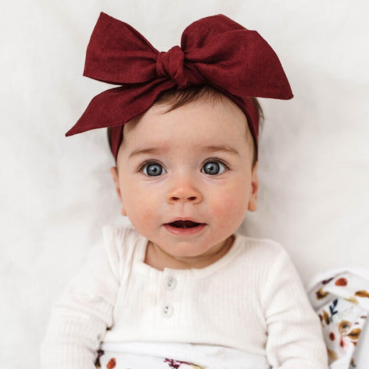 Burgundy Linen Bow Pre-Tied Headband Wrap